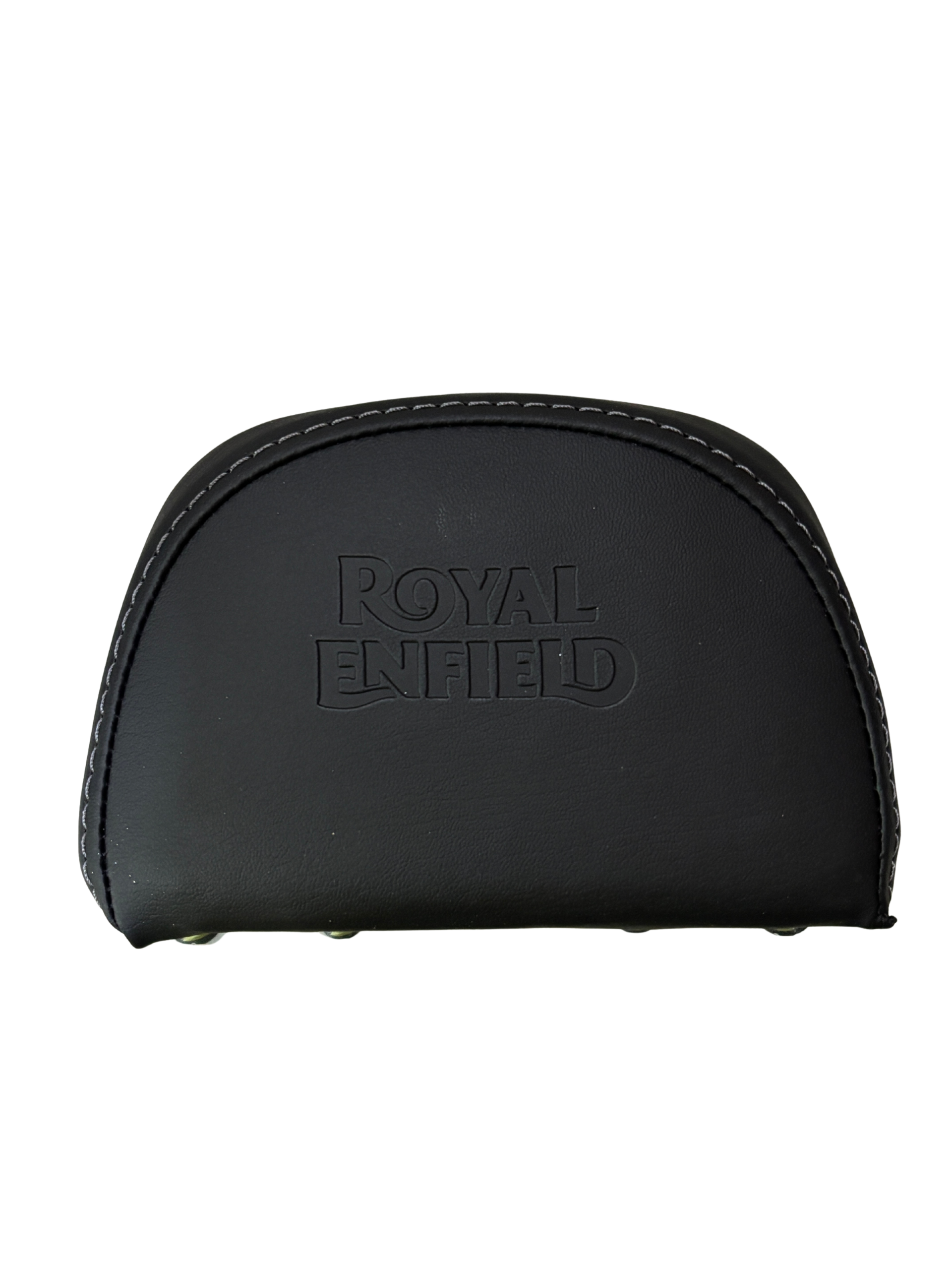 016c89cf-a325-4875-a618-392f2ef23188 - laxmiautocare.com Close-up of black leather with a curved edge, white stitching, and an embossed Royal Enfield logo.