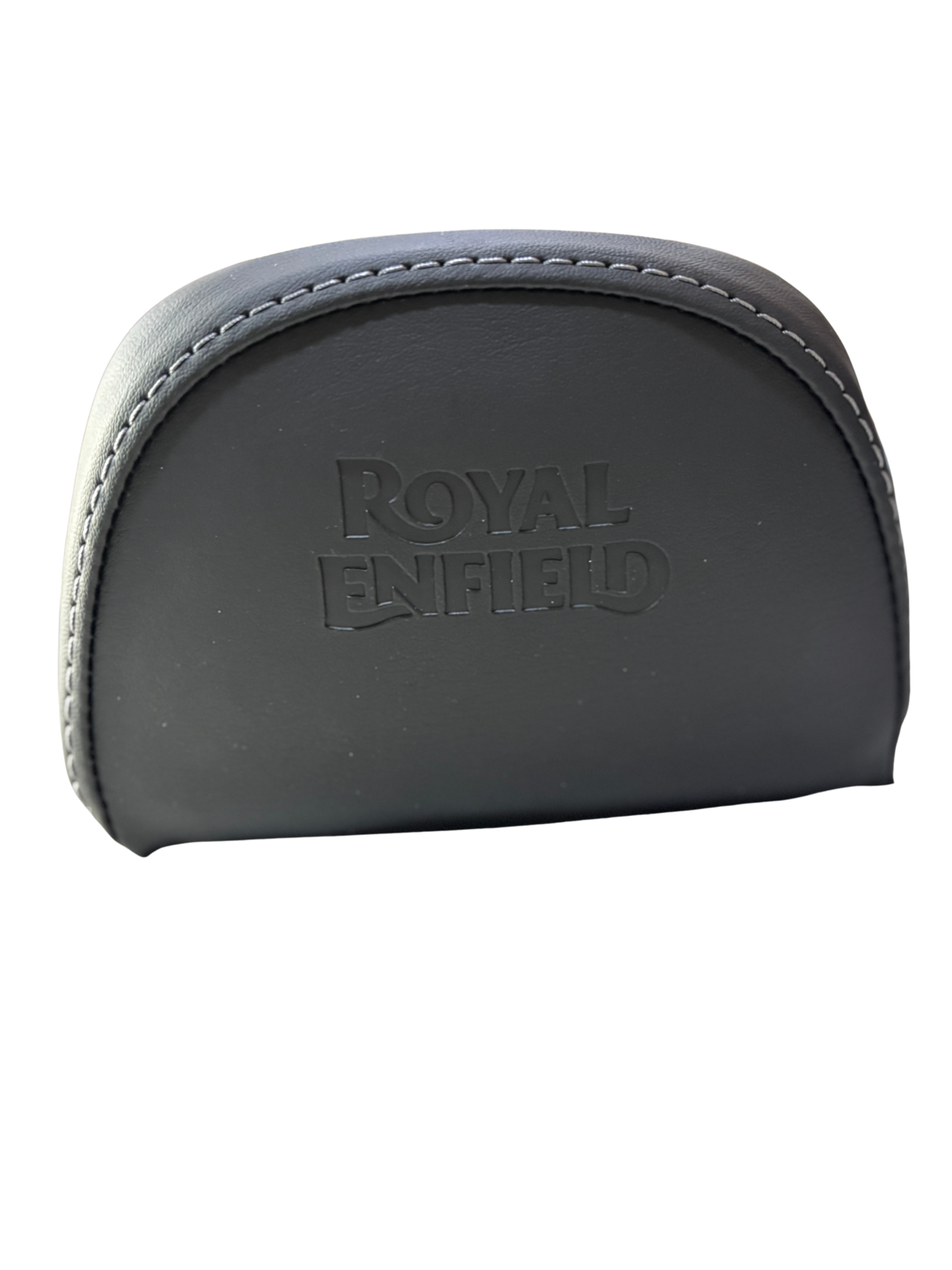 4c92b267-4d79-4169-96ae-4062fab7f102 - laxmiautocare.com Close-up of a black leather pouch with visible white stitching and an embossed 'ROYAL ENFIELD' logo on the front.