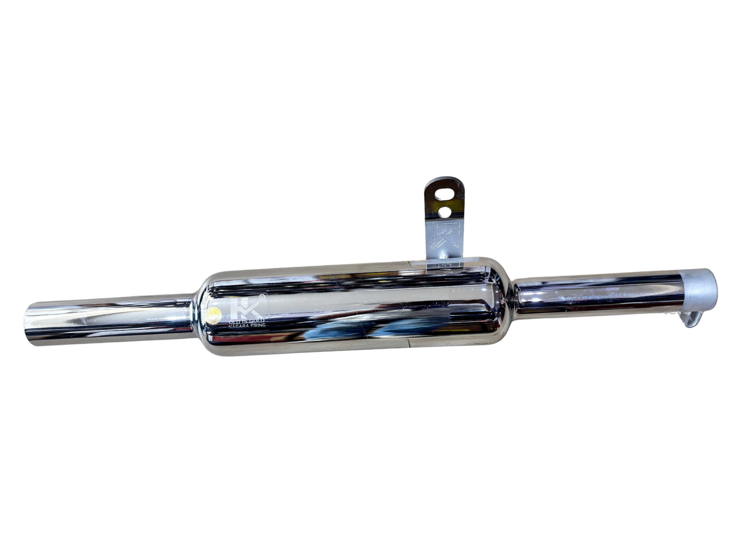 680aad53-ebb5-408e-b539-042a527db2ef - laxmiautocare.com Close-up of a shiny chrome motorcycle exhaust pipe with a mounting bracket against a black background.
