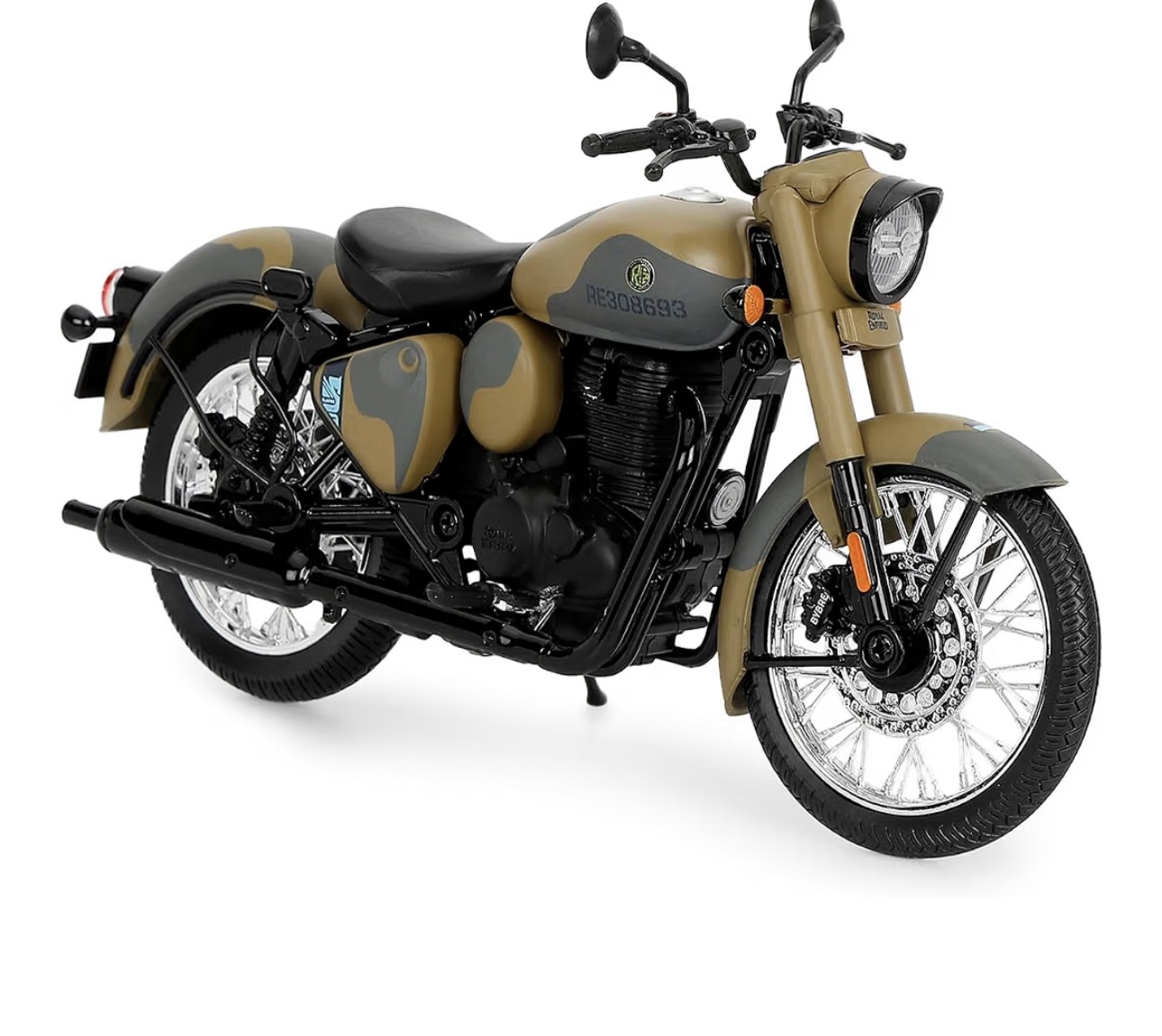 Screenshot - laxmiautocare.com Camouflage tan and gray cruiser motorcycle with a black engine and chrome wheels, shown from a front-right angle.