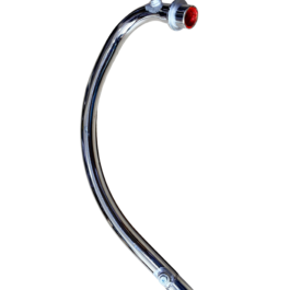 Curved chrome pipe with a red-covered threaded end, isolated on black background