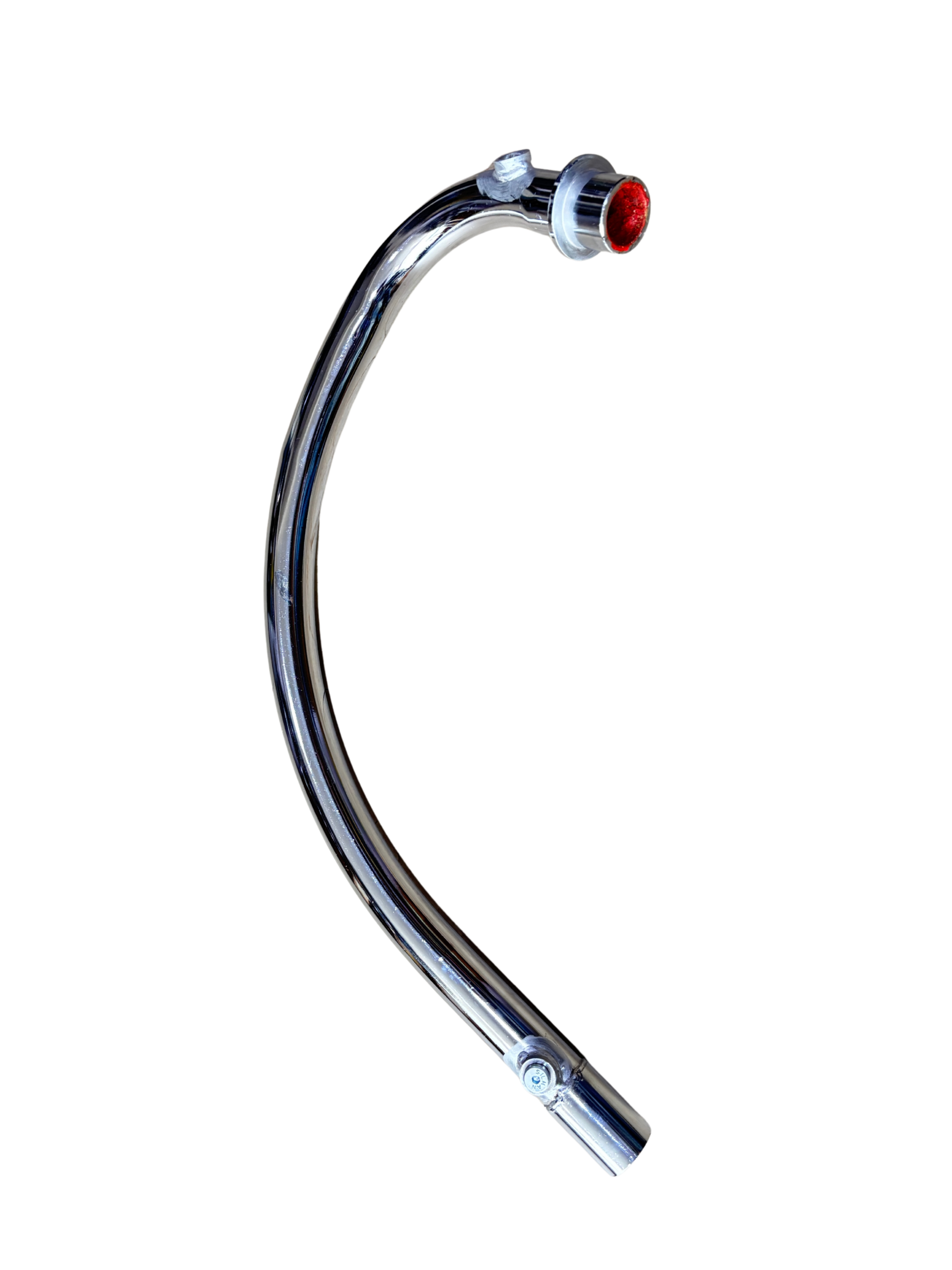 381d4def-b272-437d-88ca-a3b46314994c - laxmiautocare.com Curved chrome pipe with a red-covered threaded end, isolated on black background