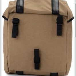 Back view of a tan backpack with black straps and buckles on a light background.