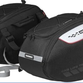 Pair of black motorcycle pannier bags with zippers and reflective bands for side-mounted luggage