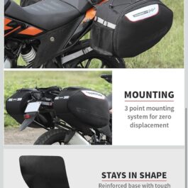 Motorcycle with black side panniers mounted on both sides, showing a three-point mounting system for secure luggage.