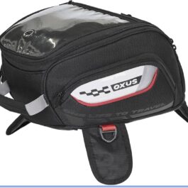 Black bike frame bag with a clear top panel, red trim, and an OXUS logo on the side, mounted to a bicycle frame.