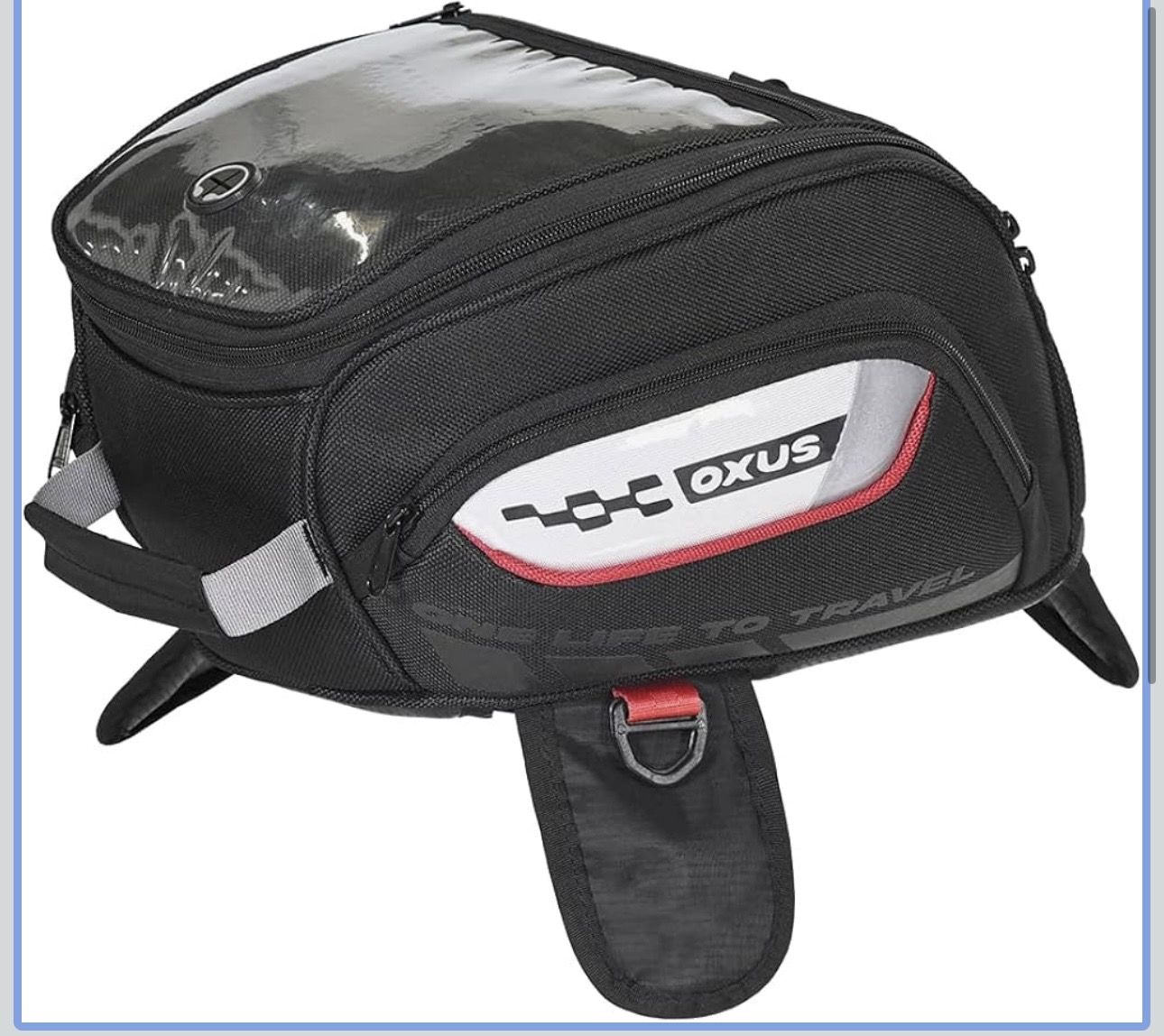 Black bike frame bag with a clear top panel, red trim, and an OXUS logo on the side, mounted to a bicycle frame.