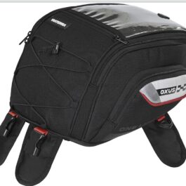 Black motorcycle tail bag with a clear, hard top, multiple zip pockets, and red-accented zippers/straps for mounting on the rear of a bike