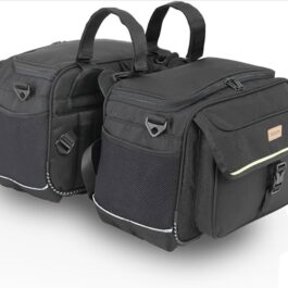 Pair of black bicycle pannier bags with top handles and reflective trim, designed for a rear rack
