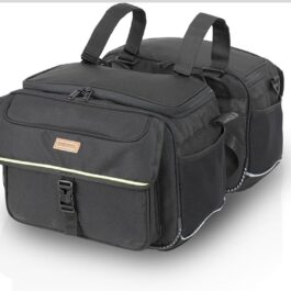 Black bicycle pannier bag with multiple pockets, top handles, and reflective trim for visibility.