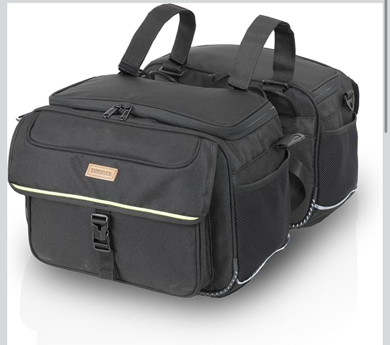 Black bicycle pannier bag with multiple pockets, top handles, and reflective trim for visibility.
