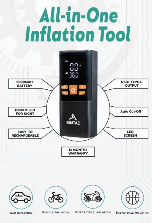 03f78828-f1cd-4508-bc71-2eb8d556baf2 - laxmiautocare.com Infographic of an All-in-One Inflation Tool with LED display and orange buttons, mentioning 6000mAh battery, USB-C output, auto cut-off, bright LED, rechargeable, 12‑month warranty, and bottom icons for car, bicycle, motorcycle, and basketball inflation.