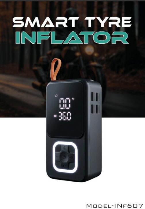 12c2c93a-1525-4401-81b2-d03fe9277b47 - laxmiautocare.com Portable digital tire inflator with LCD display and control buttons, positioned in front of a motorcycle with the heading 'SMART TYRE INFLATOR'