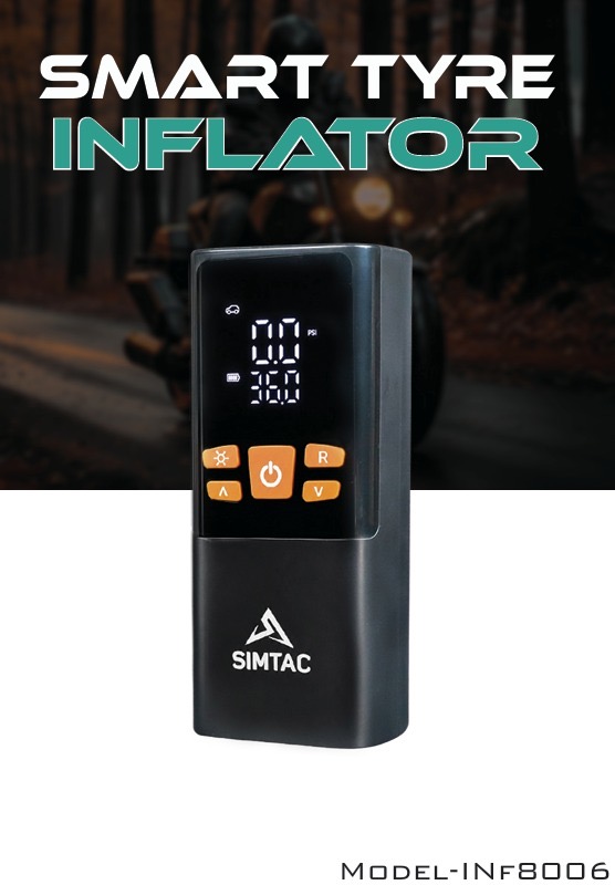Smart tyre inflator device with digital display and orange control buttons, branded SIMTAC, shown in front of a motorcycle background.