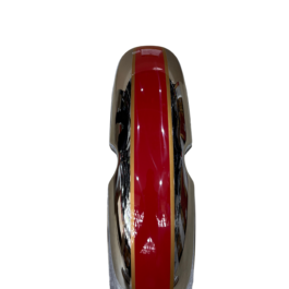 Glossy chrome-red object with gold vertical stripes running along its length, set against a black background.