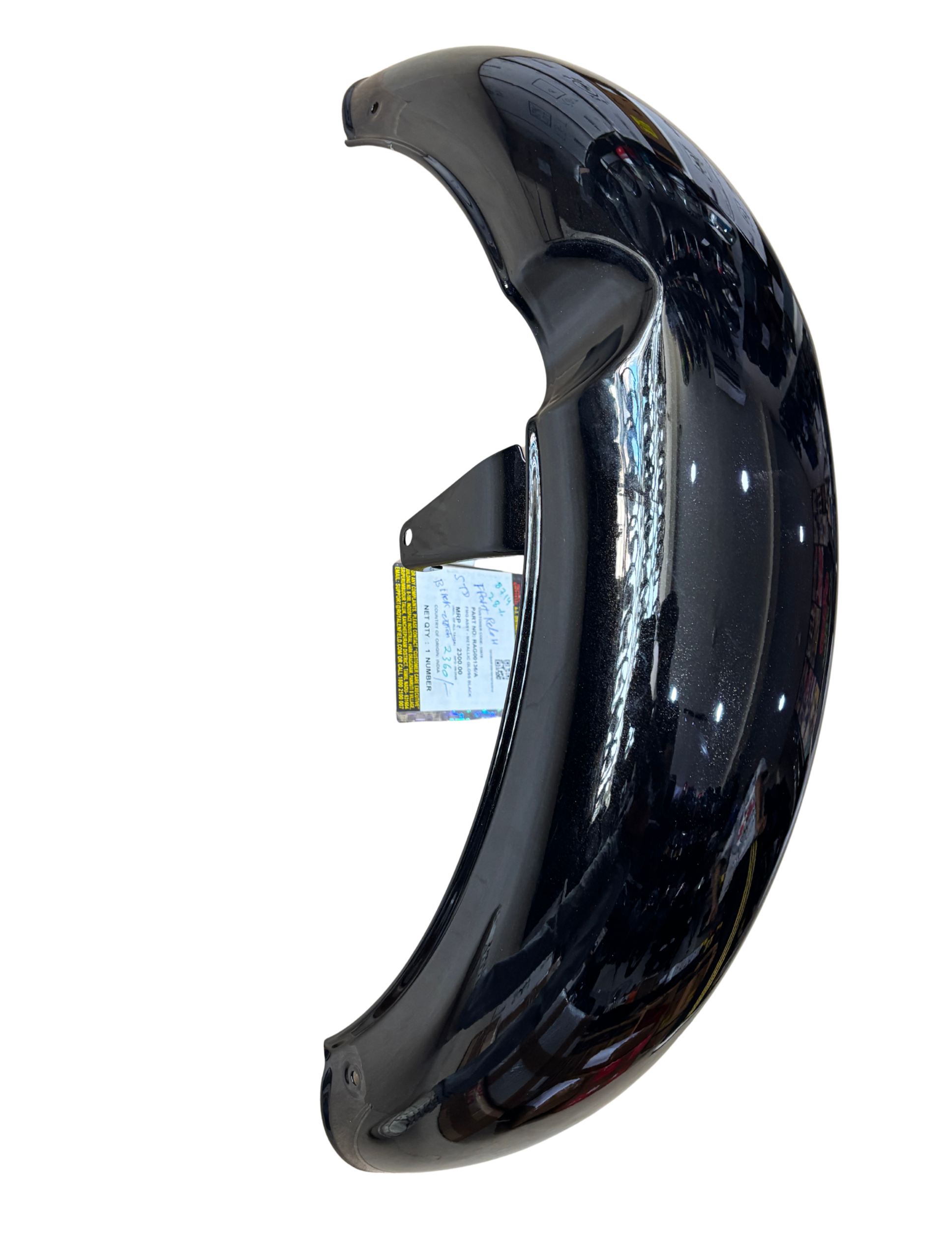951e0a1b-aad0-4849-b8f2-d32b4cb449f2 - laxmiautocare.com Close-up of a glossy black curved car fender with a small label tag attached to its edge
