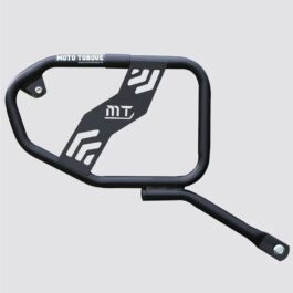 Black metal motorcycle frame lock with a diagonal branded plate and strap, mounted on a curved rectangular frame