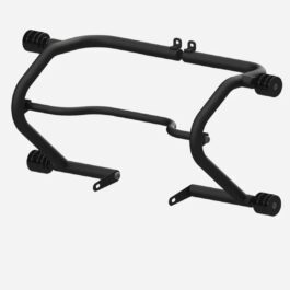 Screenshot - laxmiautocare.com Black metal tubular frame with mounting brackets, likely a motorcycle engine crash bar for protection and mounting points on the bike.