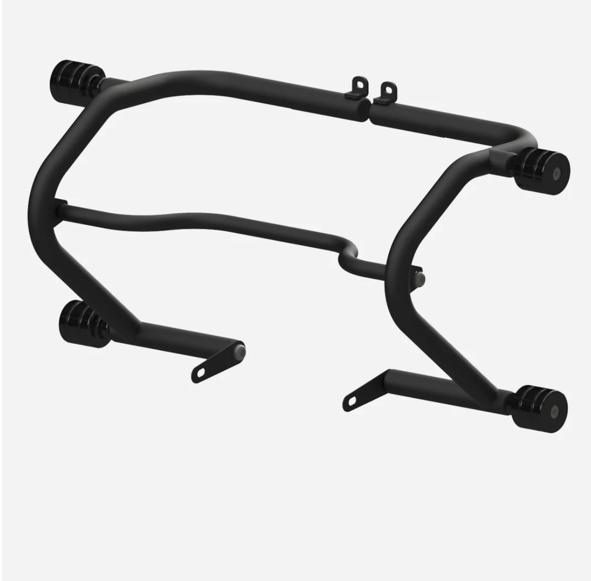 Screenshot - laxmiautocare.com Black metal tubular frame with mounting brackets, likely a motorcycle engine crash bar for protection and mounting points on the bike.
