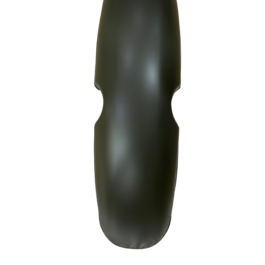 Dark green silicone dildo with a rounded tip standing upright against a black background.