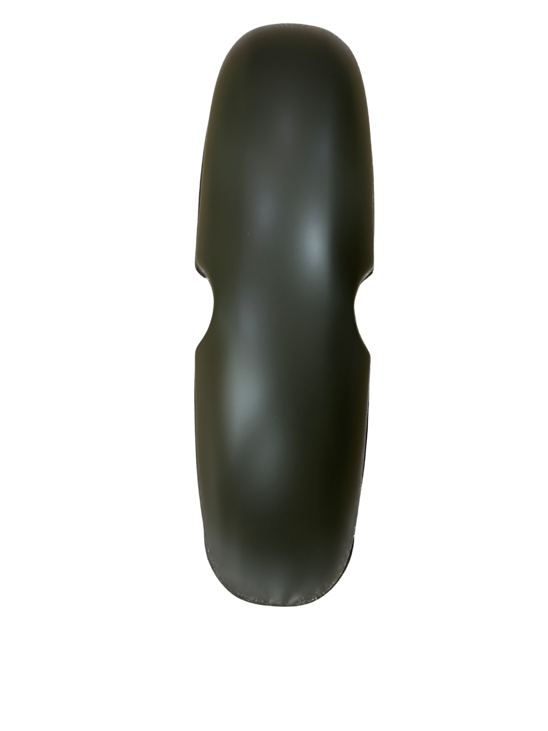 Dark green silicone dildo with a rounded tip standing upright against a black background.