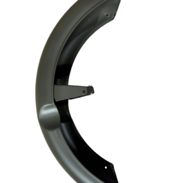 Close-up of a curved olive-green metal frame with rivets and a black interior, likely a protective helmet component