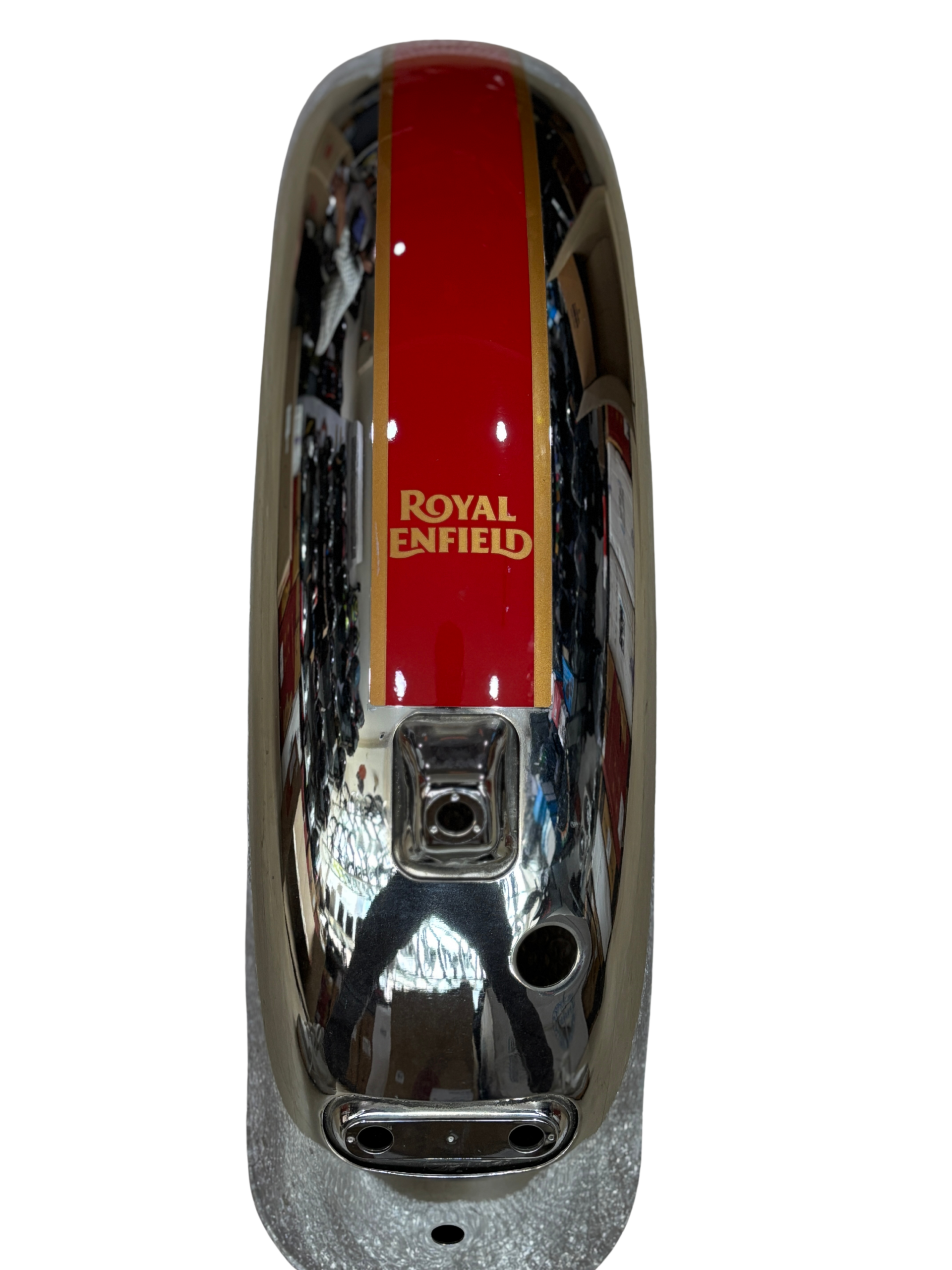 Top view of a Royal Enfield motorcycle fuel tank with a red center stripe and gold pinstripes, chrome sides visible.