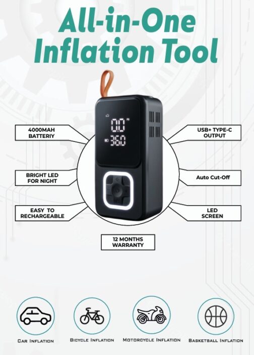 fb77f913-33fe-402e-81d3-18d18d3c9ac6 - laxmiautocare.com All-in-One Inflation Tool with LED display and feature callouts (battery, USB output, auto cut-off, warranty)