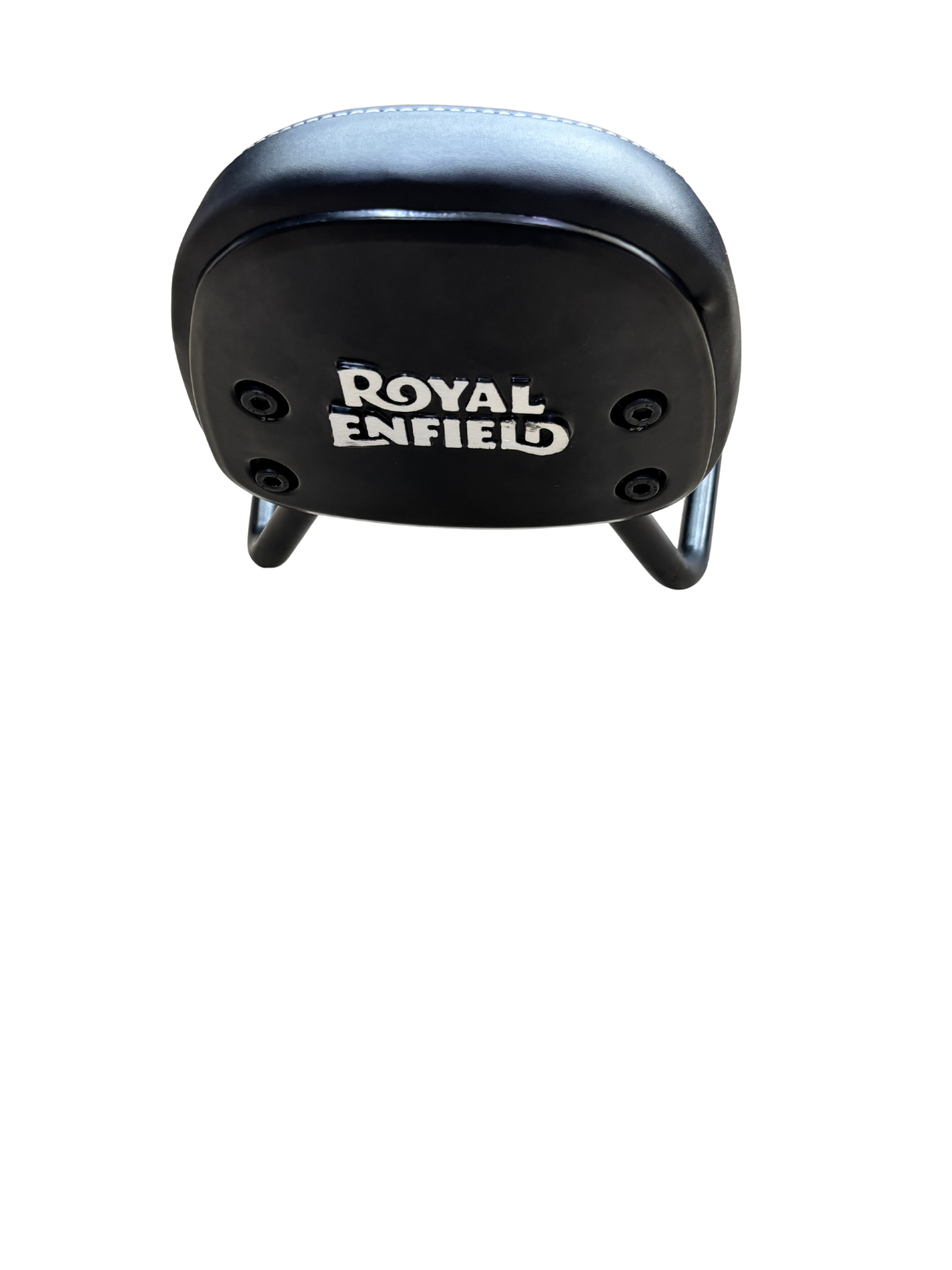 1b337075-b5d4-4fe6-9181-c149e94a7539 - laxmiautocare.com Bottom view of a black Royal Enfield helmet with visible screws and smooth curved edges, branding centered on the surface.