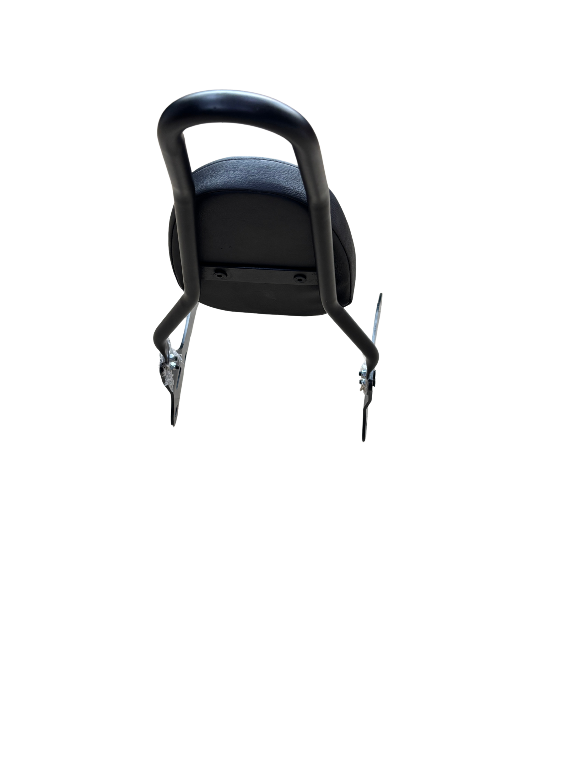 590bb295-200d-43b9-99bc-b38327eec0b1 - laxmiautocare.com Back view of a black cushioned ergonomic chair with a curved, tubular back support and metal legs against a black background.
