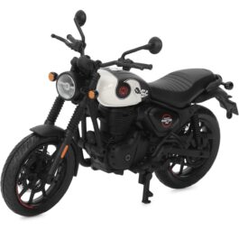 Scale model of a black retro motorcycle with a white fuel tank and orange indicators.