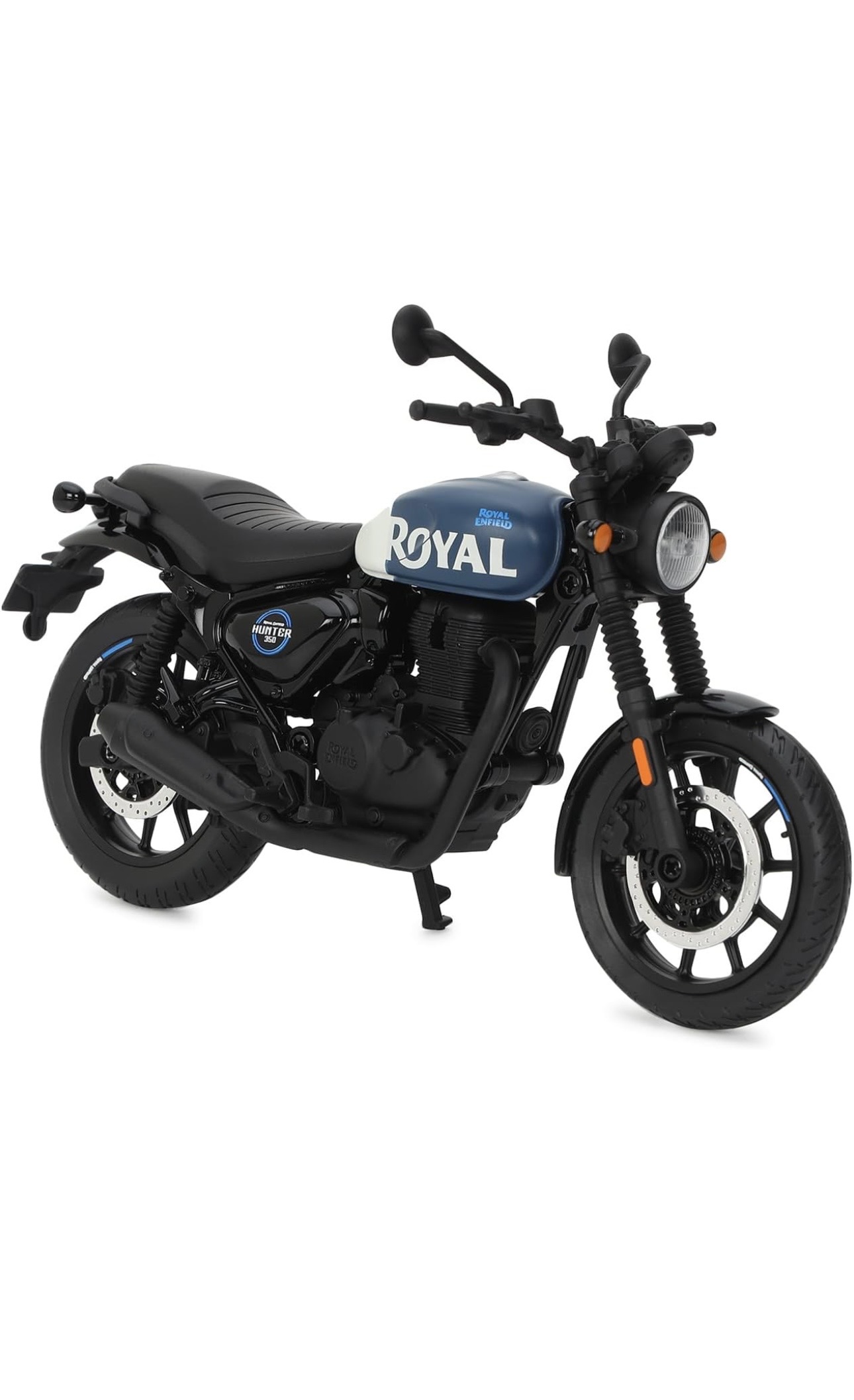 Screenshot - laxmiautocare.com Scale model of a Royal Enfield Hunter 350 motorcycle with a blue fuel tank and black body