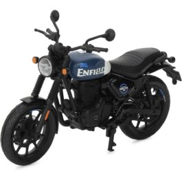 Scale model of a Royal Enfield motorcycle: blue fuel tank with Enfield logo, black frame and seat, parked on its kickstand.