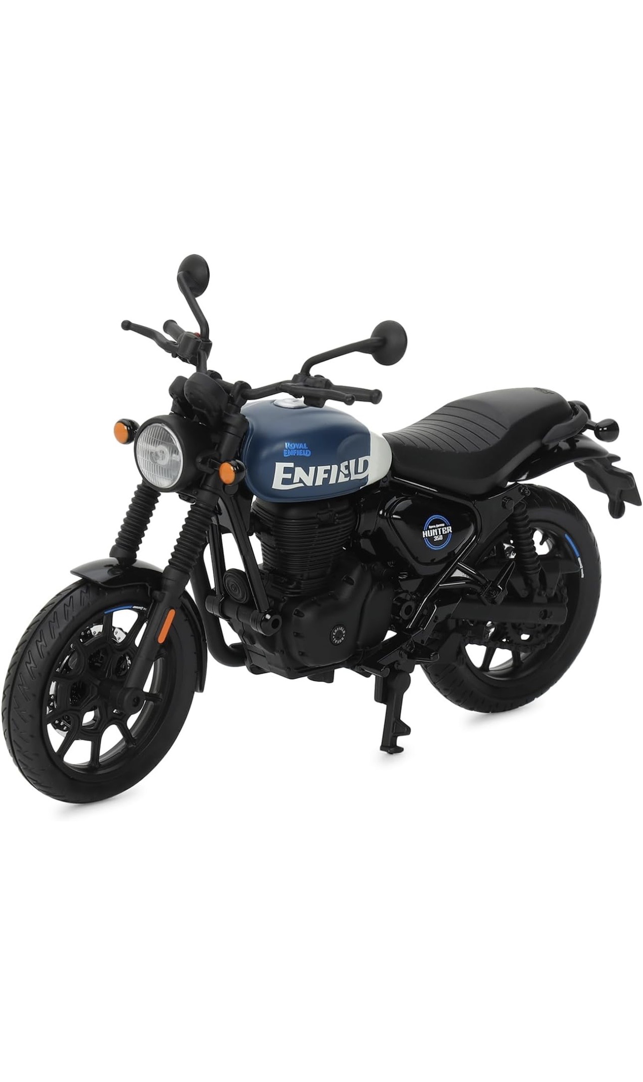 Screenshot - laxmiautocare.com Scale model of a Royal Enfield motorcycle: blue fuel tank with Enfield logo, black frame and seat, parked on its kickstand.