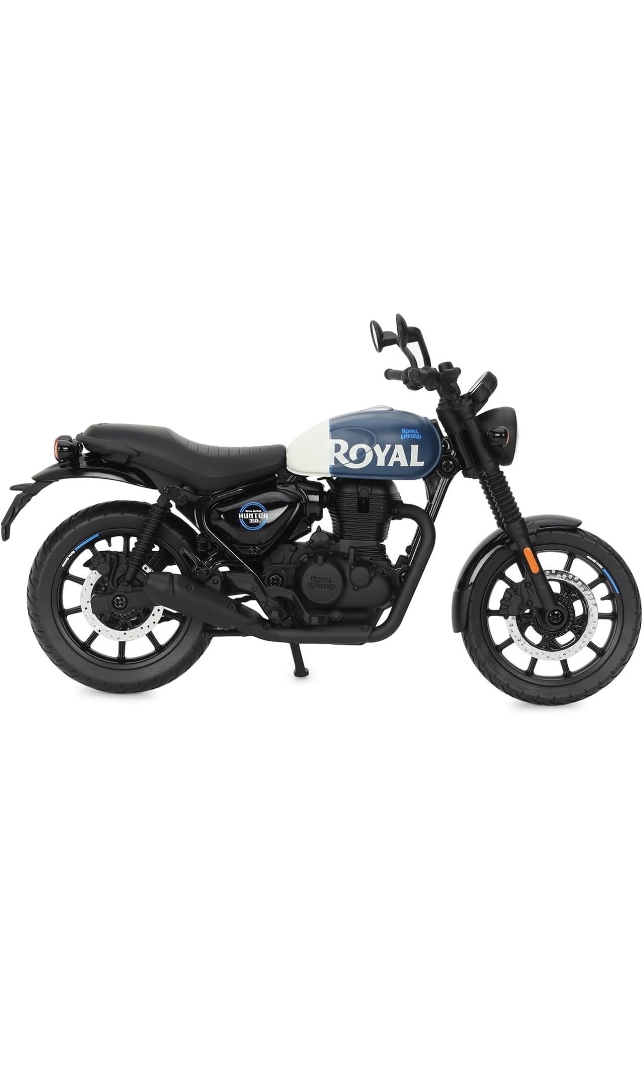 Screenshot - laxmiautocare.com Side view of a Royal Enfield Hunter 350 motorcycle with a blue-and-white fuel tank on a white background.