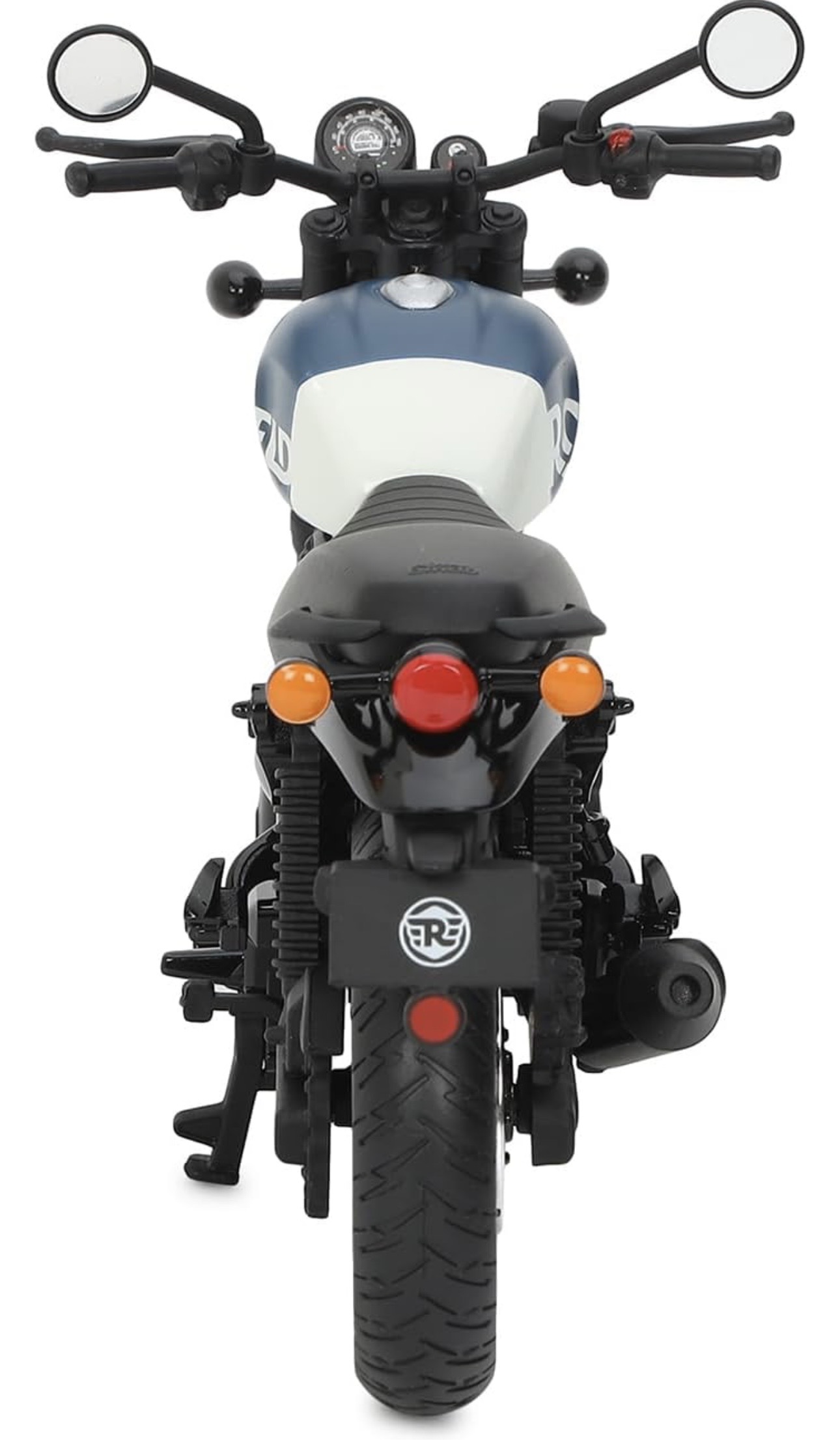 Screenshot - laxmiautocare.com Rear view of a motorcycle with blue-and-white fuel tank, single seat, and red taillight flanked by orange turn signals; handlebars and mirrors visible above.