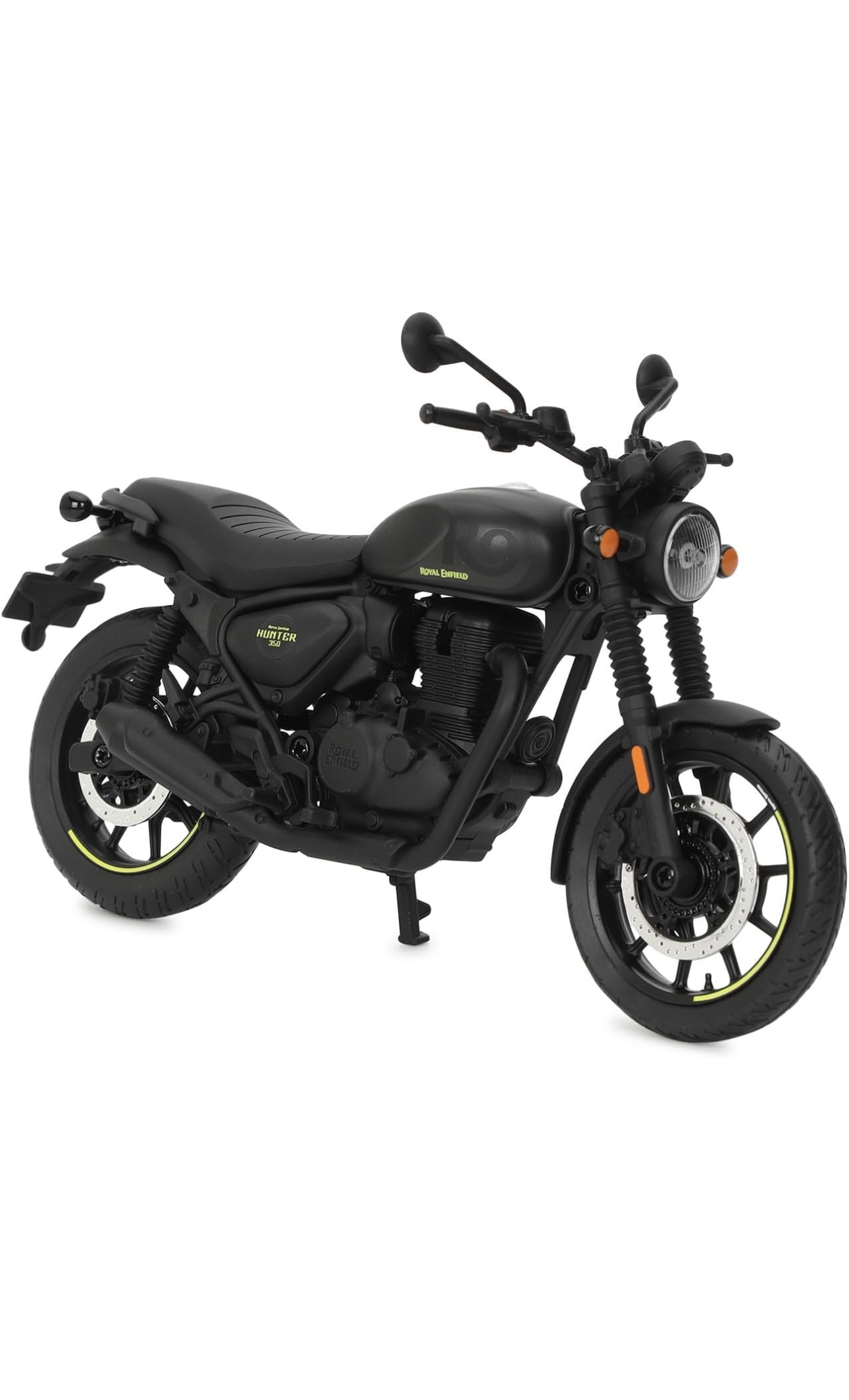 Screenshot - laxmiautocare.com Black scale model of a Royal Enfield Hunter 350 motorcycle on its kickstand, with round headlight and orange indicators visible.