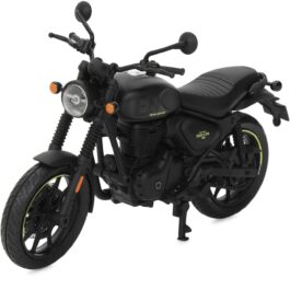 Black Royal Enfield Hunter 350 motorcycle, front three-quarter view with round headlight, orange indicators, and ribbed seat.