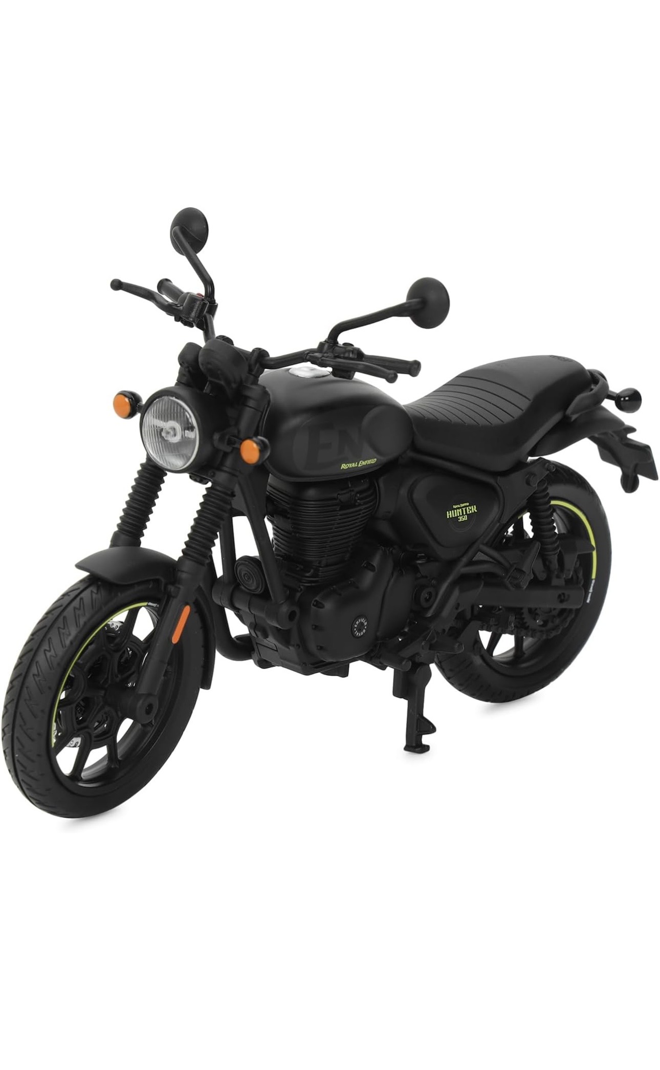 Screenshot - laxmiautocare.com Black Royal Enfield Hunter 350 motorcycle, front three-quarter view with round headlight, orange indicators, and ribbed seat.
