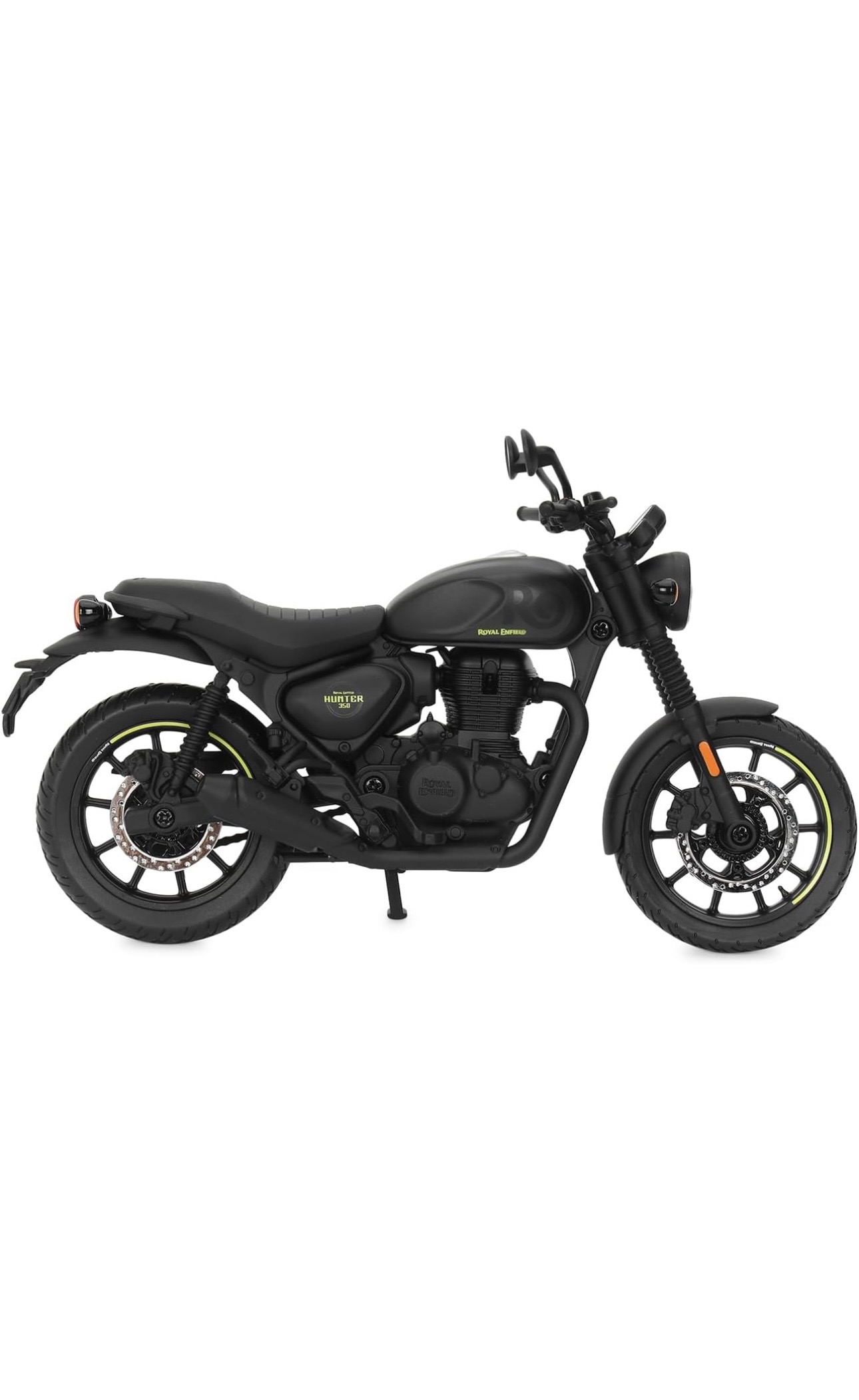 Screenshot - laxmiautocare.com Black Royal Enfield Hunter 350 motorcycle shown in a left side profile with neon green wheel rims and matte finish, cruiser style.