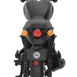 Rear view of a black motorcycle showing red taillight, orange turn signals, license plate, and center kickstand (toy model).