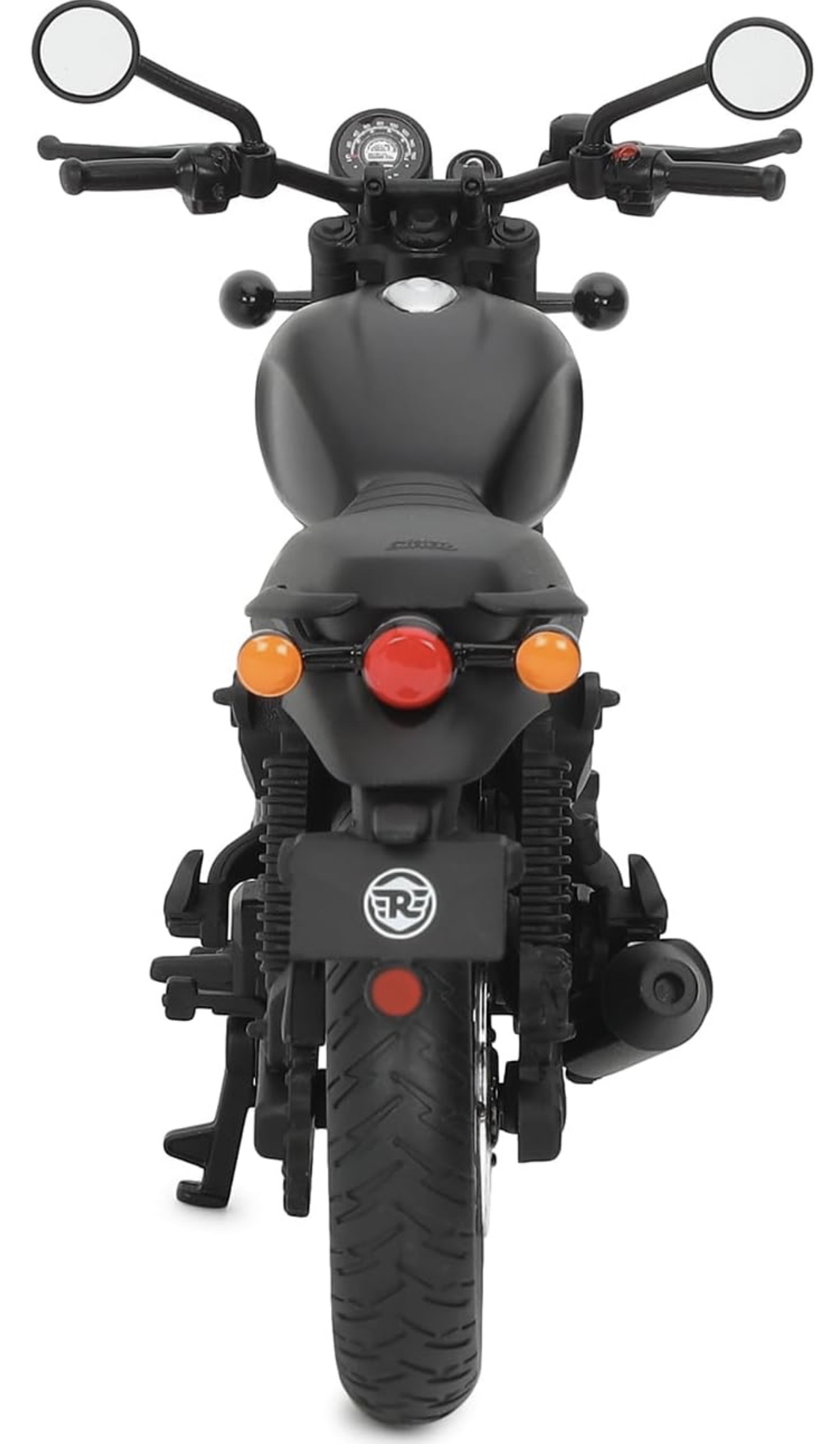 Screenshot - laxmiautocare.com Rear view of a black motorcycle showing red taillight, orange turn signals, license plate, and center kickstand (toy model).