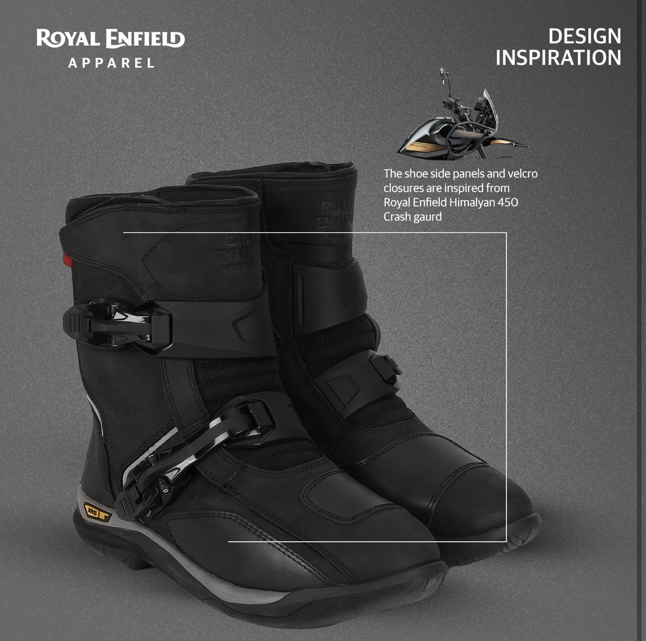 Screenshot - laxmiautocare.com Black motorcycle boots with protective buckles and ankle supports, set against a gray background with Royal Enfield branding and a small motorcycle graphic labeled 'Design Inspiration' in the corner.