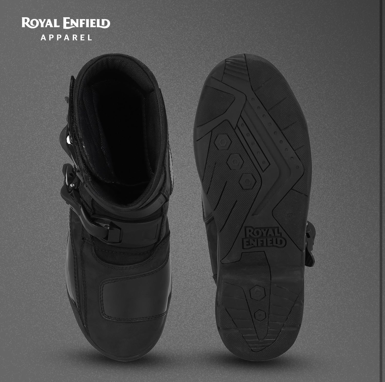 Screenshot - laxmiautocare.com Pair of black motorcycle boots shown from top and bottom, with the Royal Enfield Apparel logo in the upper left corner.