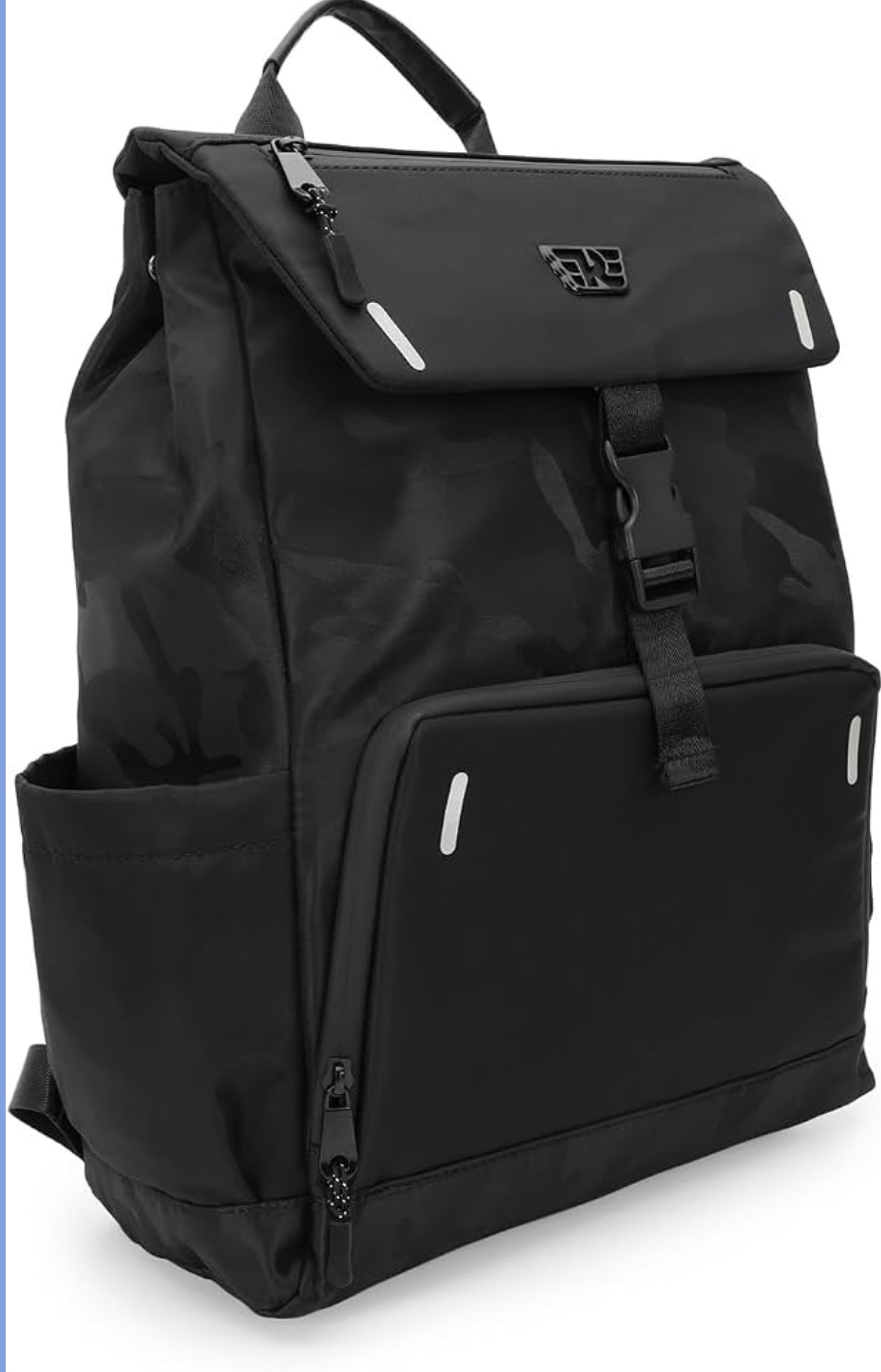 Screenshot - laxmiautocare.com Black backpack with a top flap, front pocket, and side pocket featuring white reflective strips for visibility.