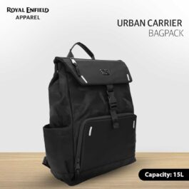 Black Urban Carrier backpack with top flap, buckle strap, and front and side pockets; 15L capacity (Royal Enfield Apparel).