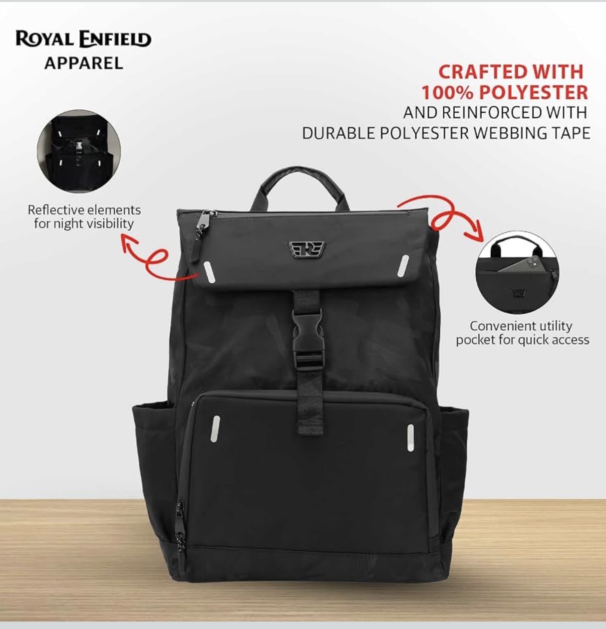 Screenshot - laxmiautocare.com Backpack with top flap and front pocket, highlighting reflective strips for night visibility and quick-access pocket on the right.