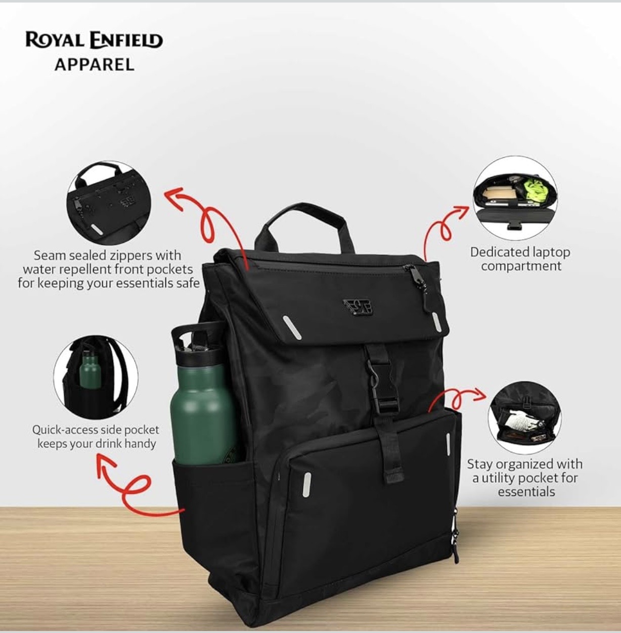 Screenshot - laxmiautocare.com Black backpack with a dedicated laptop compartment, side water-bottle pocket, and multiple organizer pockets resting on a wooden surface.
