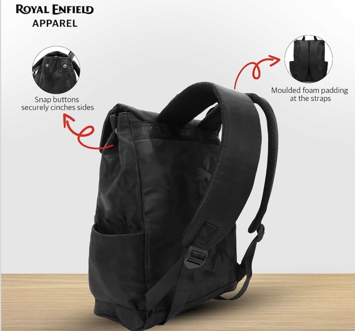 Screenshot - laxmiautocare.com Backpack from Royal Enfield with side snap buttons and padded shoulder straps; features molded foam padding at the straps, black with a top handle and side pockets.