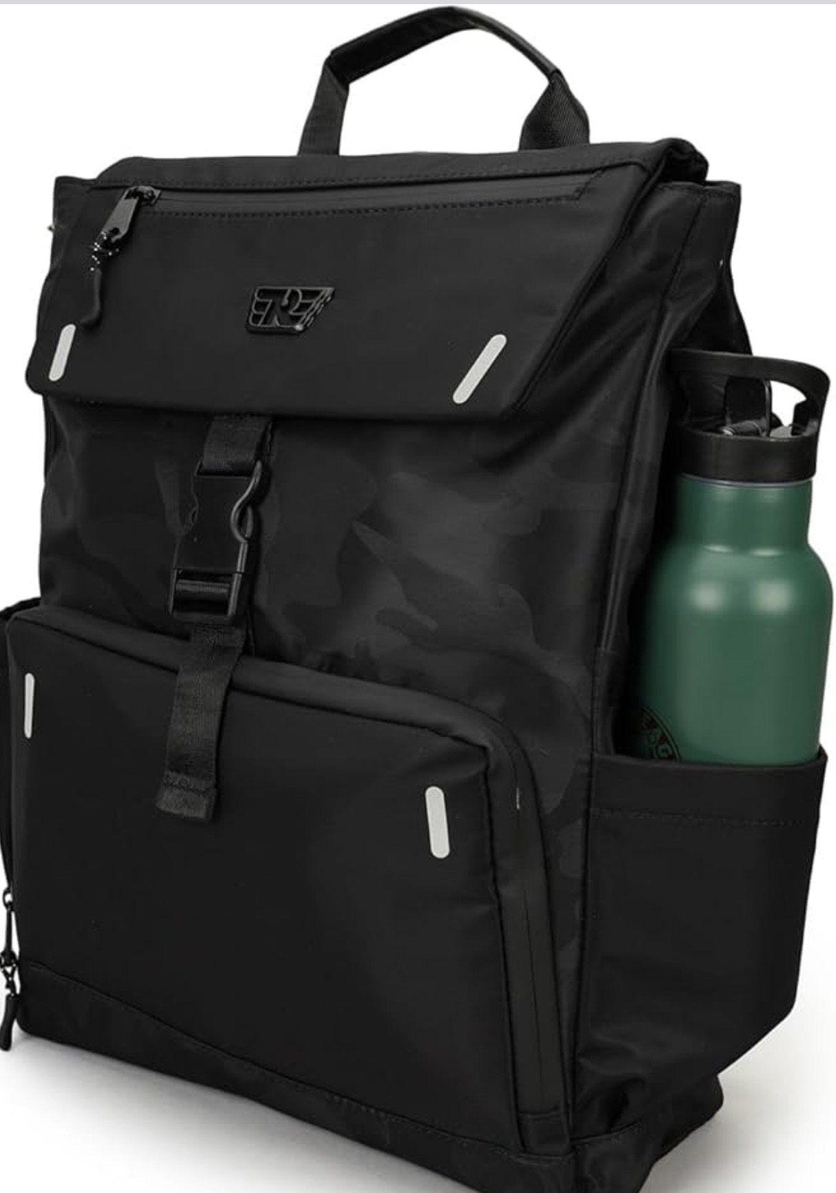 Screenshot - laxmiautocare.com Black backpack with a top handle, front buckle, multiple compartments, and a side water bottle pocket with a green bottle